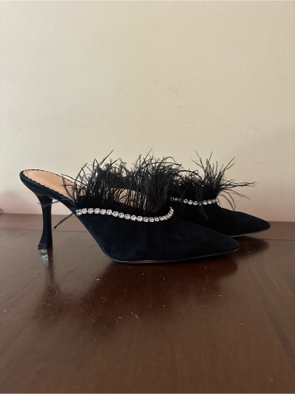 Nicola Bathie x Antonio Melani Liz Ostrich Feather Black Suede Rhinestone Mules